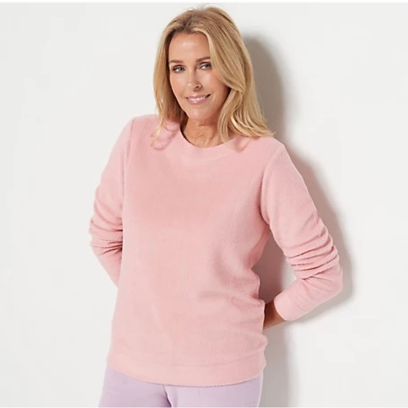 Denim&Co Tops - 0309 - DENIM&CO Women’s Comfort Zone Baby Sherpa Crewneck Pullover Blush Pink